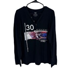 Express Henley‎ Shirt Mens XL Black Graphic Long Sleeve Cotton Streetwear V Neck